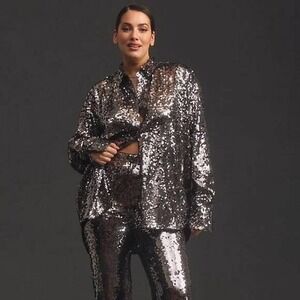 Good American Anthropologie Sequin Top‎ Long Sleeve Button Down Shirt Size S